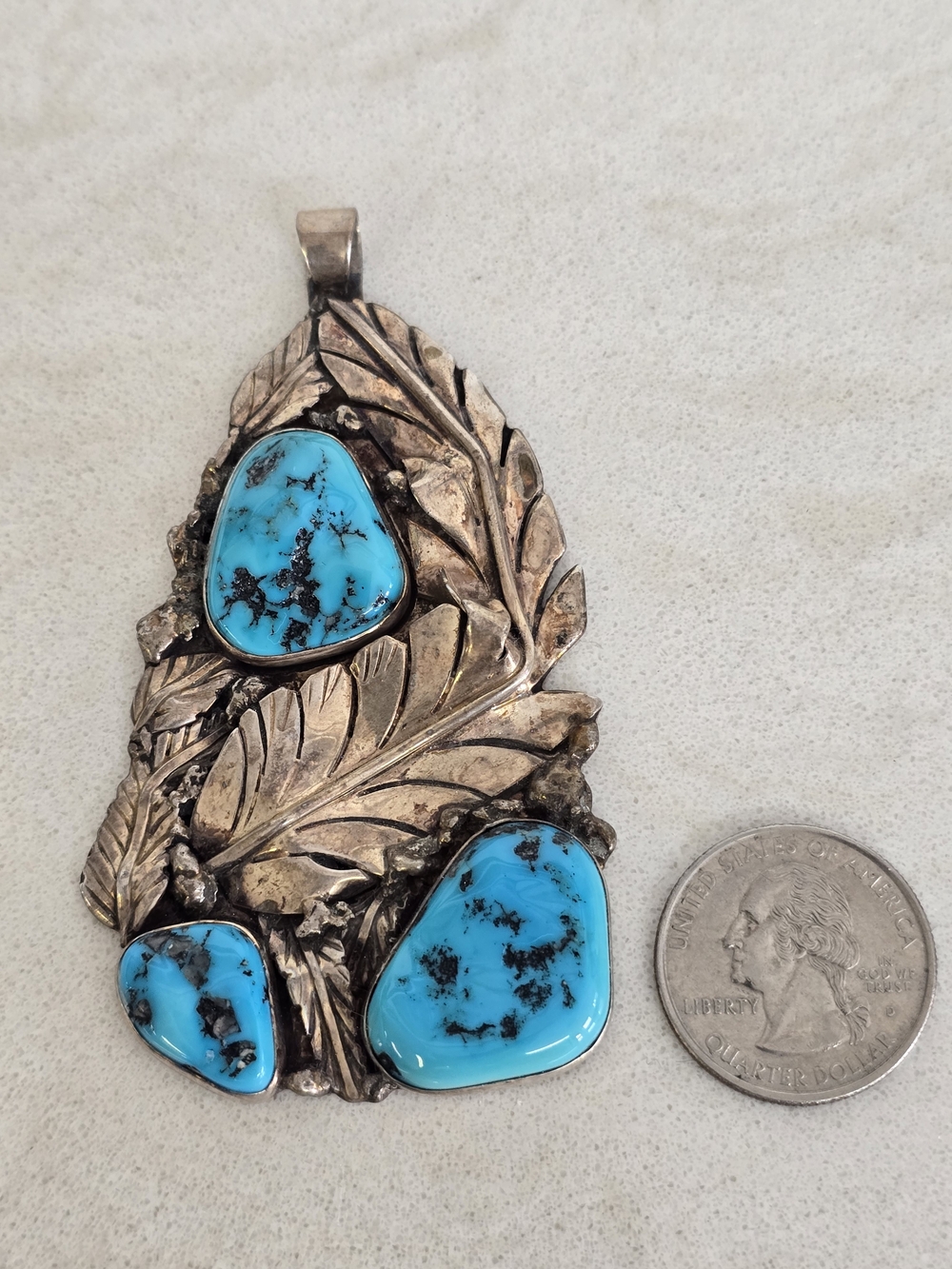 Sterling Silver Turquoise Feather Leaf Pendant Signed D Southwestern 3.5"